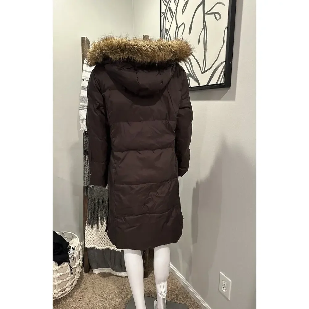 Michael Kors Women’s M Down Puffer Parka Winter Coat Hood With Fur Trim Brown - Picture 3 of 16